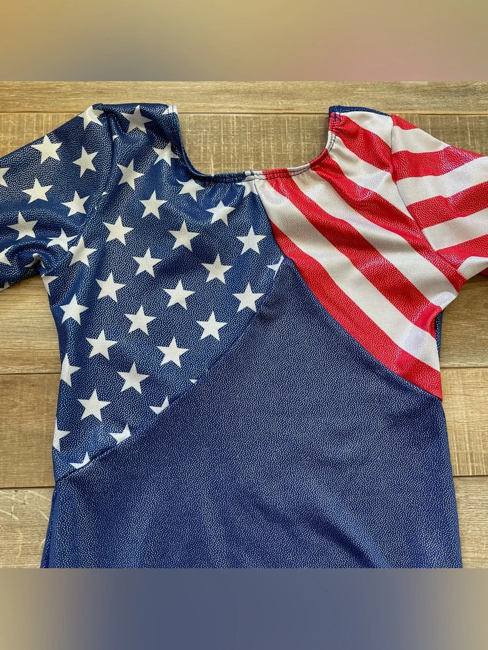 Girls Gymnastics Leotard Size 8A USA American Flag Long Sleeve Metallic Blue